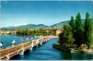 Pont du Mont Blanc et lie J Geneva Switzerland Flag Bridge Postcard