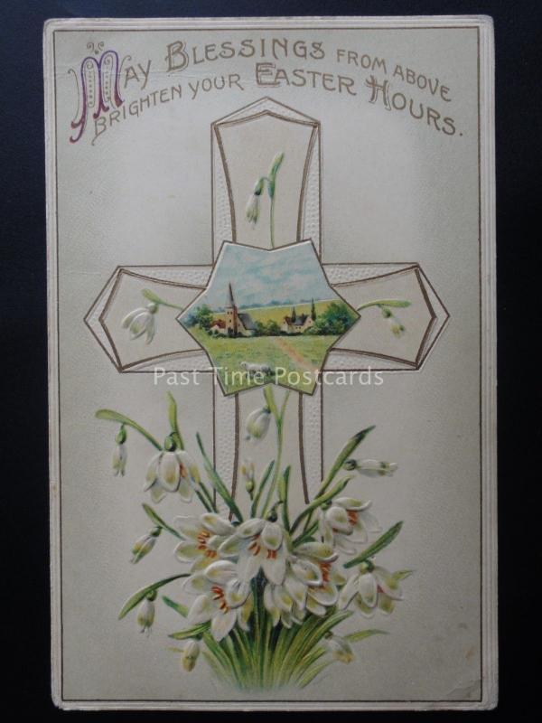 EASTER BLESSINGS from Above Depicts LAMB CROSS CHURCH - Old Postcard by E.A.S.