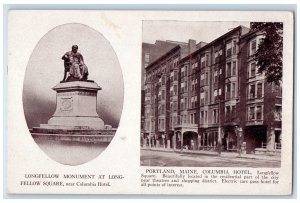 1912 Columbia Hotel, Longfellow Monument Portland Maine ME Posted Postcard