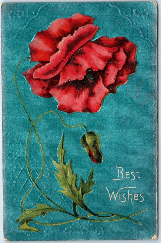 c1910s Blue Silver Best Wishes Red Poppy Flower Glistens PC Little Sioux IA A177