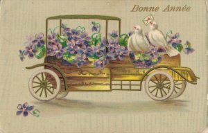 Happy New Year Pigeons on an Oldtimer Vintage Postcard 07.08