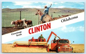 Greeting From CLINTON, OK Oklahoma ~ FARMING & RANCH Scenes BANNER c50s Postcard