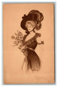 Vintage 1907 Archie Gunn Postcard Woman in Fine Hat Holding Roses Beautiful