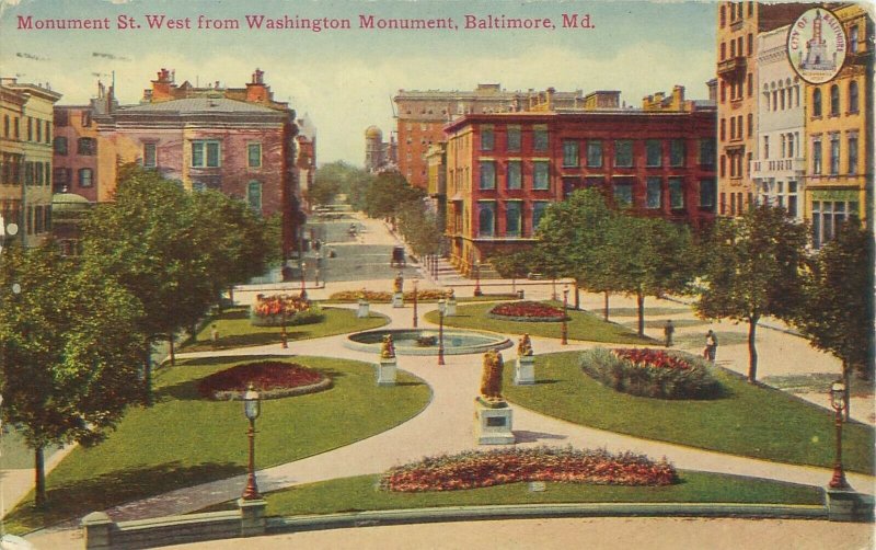 Monument St West From Washington Monument, Baltimore, MD 1919 Postcard, Lions