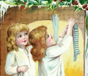 1880s-90s Christmas Lion Coffee Woolson Spice Co. Children Hanging Stockings *D