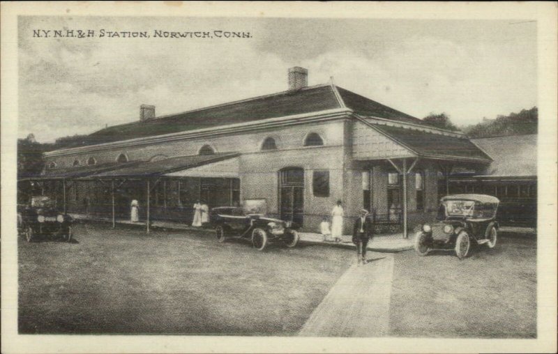 Norwich CT RR Train Station Depot c1915 Postcard - Cars in Front