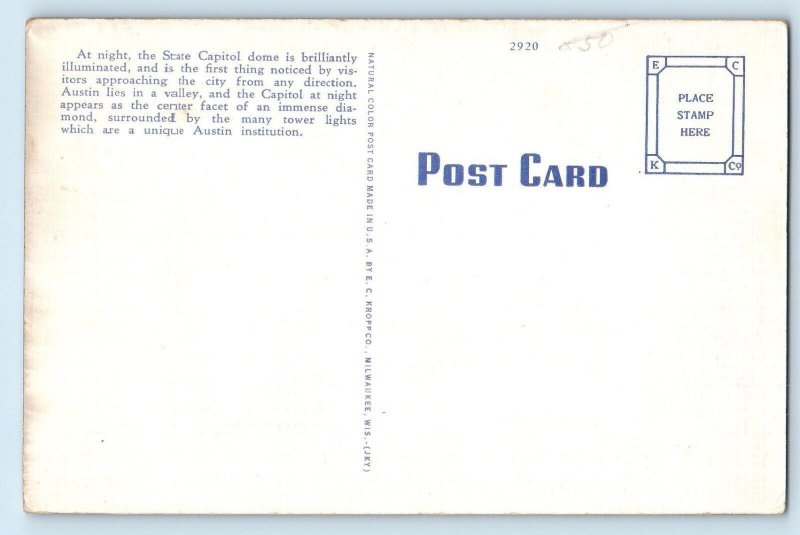 c1940 Austin Texas TX Vintage Postcard State Capitol Night Scene Building View