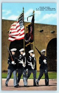 SAN DIEGO, CA California ~ Color Guard US MARINE CORPS BASE  1942 Linen Postcard