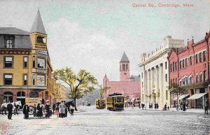 Central Square Street Scene Streetcars Cambridge Massachusetts 1910c postcard