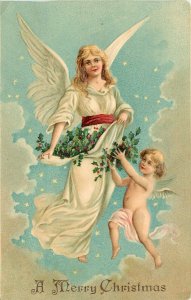 ASB Embossed Christmas Postcard 315. Angel & Cherub in the Sky, Stars & Clouds