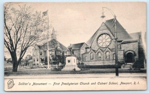 NEWPORT, RI~ Soldiers Monument FIRST PRESBYTERIAN CHURCH Calvert School Postcard