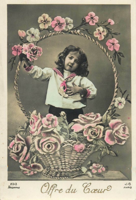 children Postcard young girl vintage sailor outfit flower basket heartly offer