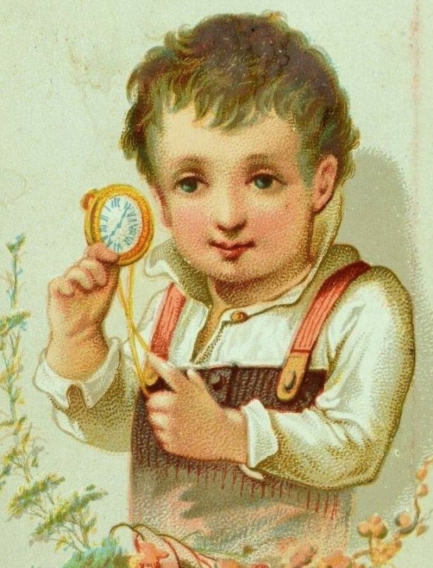 1870's-80's Lovely Boy With Pocket Watch Floral Leaf Border Victorian Card F78 