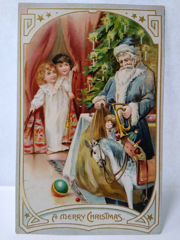 Santa Claus Father Christmas Postcard Blue Suit Coat Vintage 1908 E Grafton NH 