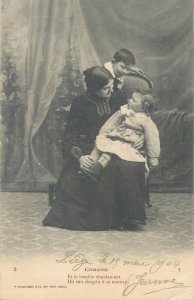 Set 4 antique postcards serie Coucou / Cuckoo children mother & games 1904