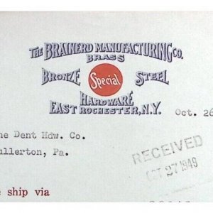 1949 EAST ROCHESTER N.Y BRAINERD MANUFACTURING CO HARDWARE BILLHEAD INVOICE Z122