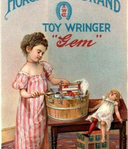 1900 Horse Shoe Brand Toy Wringer Child & Toy Doll Doing Laundry 2 #S