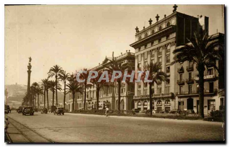 Old Postcard Barcelona Paseo de Colon Promenade Christopher Columbus