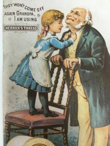Merrick's Thread Co. Trade Card Girl & Grandpa J. H. Galley & Bro Columbus Neb