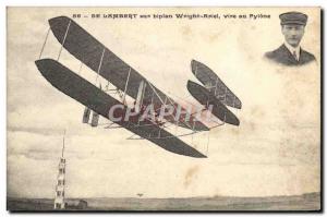 Old Postcard Jet Aviation Of Lambert on biplane Wright Ariel turns pylon