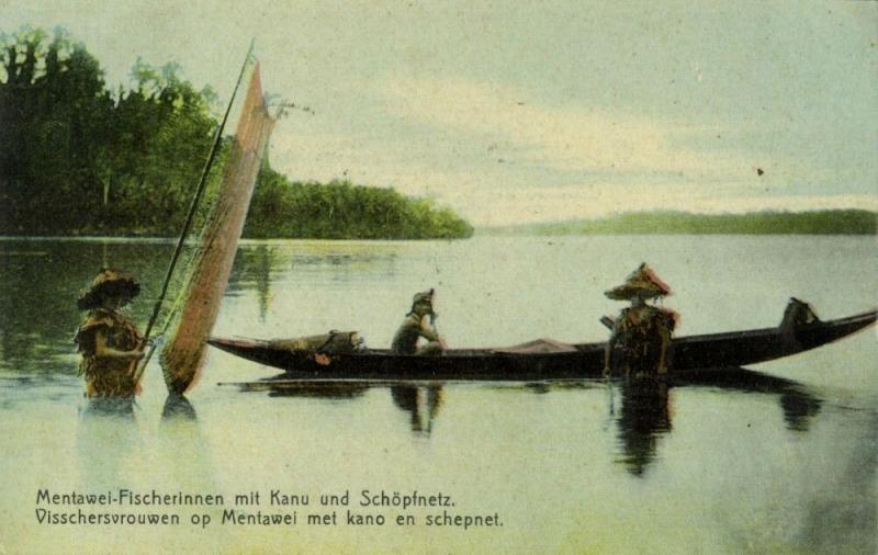 indonesia, MENTAWEI MENTAWAI, Native Fishing Women Canoe Net (1909) Postcard