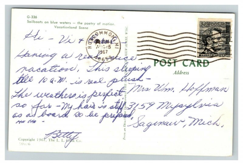Vintage 1967 Postcard Sailboats on Higgins Lake Lyon Township Michigan