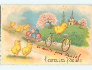 Divided-Back easter foreign CHICK RIDES A BICYCLE PULLING CART OF EGGS r3516