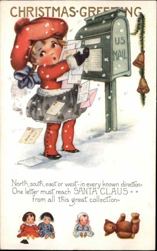 Whitney Christmas Little Girl at Mailbox Toys Dolls Border Vintage Postcard