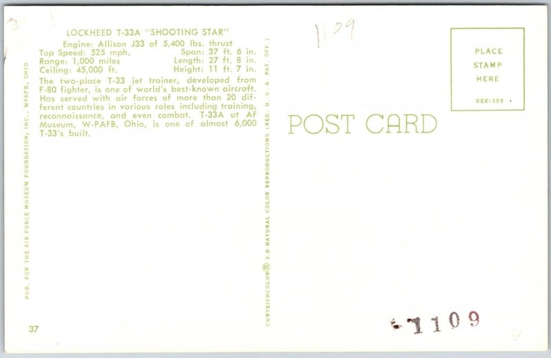Lockheed T-33A Shooting Star Aircraft Jet Trainer Fighter Postcard