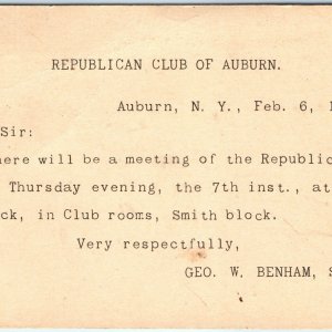 1895 Republican Club of Auburn, NY Postcard Invite Conservative Politics A48