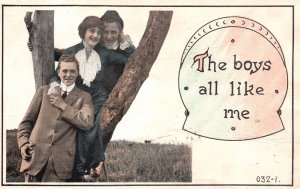 Vintage Postcard 1913 Girl And Two Boys On The Tree Trunk Love Triangle Romance