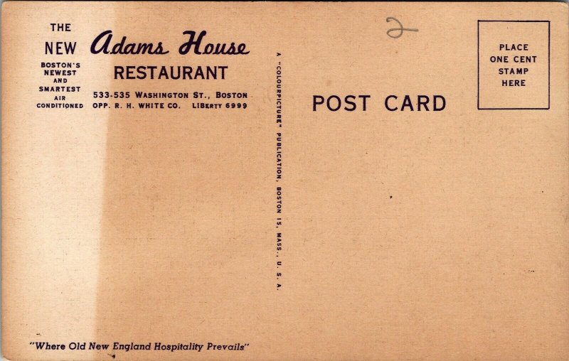 Vtg Boston MA Adams House Restaurant Washington Street 1940s Linen Postcard