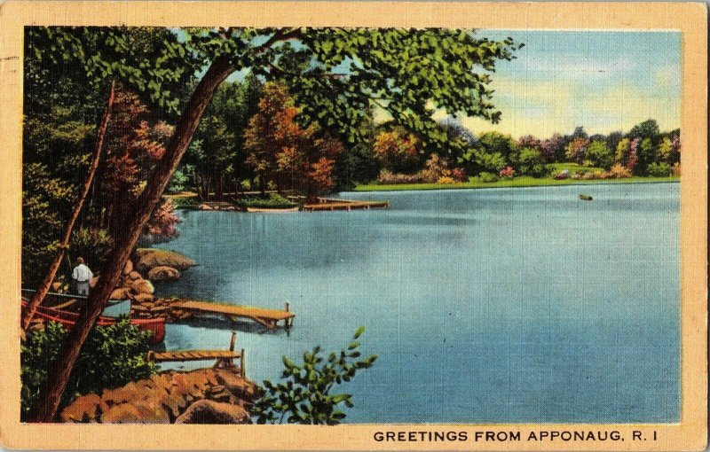 Greetings Apponaug RI Rhode Island Linen Postcard PM Stamp Tichnor View Vintage 