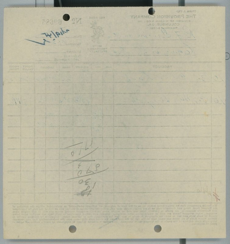 1945 la disposición empresa Columbus Georgia Rojo Rosa Salchicha tocino manteca de cerdo Factura 320 