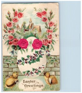 1908 Easter Greetings Egg Roses Flowers Chicks Embossed Antique Silk Postcard