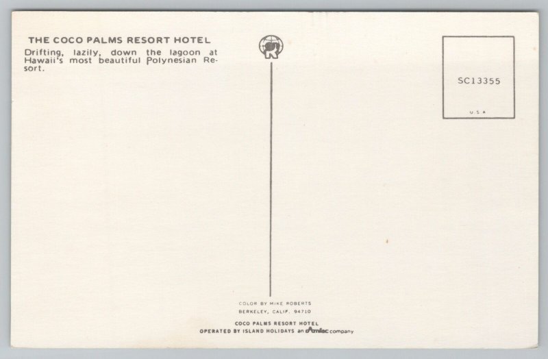 Hawaii~The Coco Palms Resort Hotel~Canoeing In Lagoon~Vintage Postcard