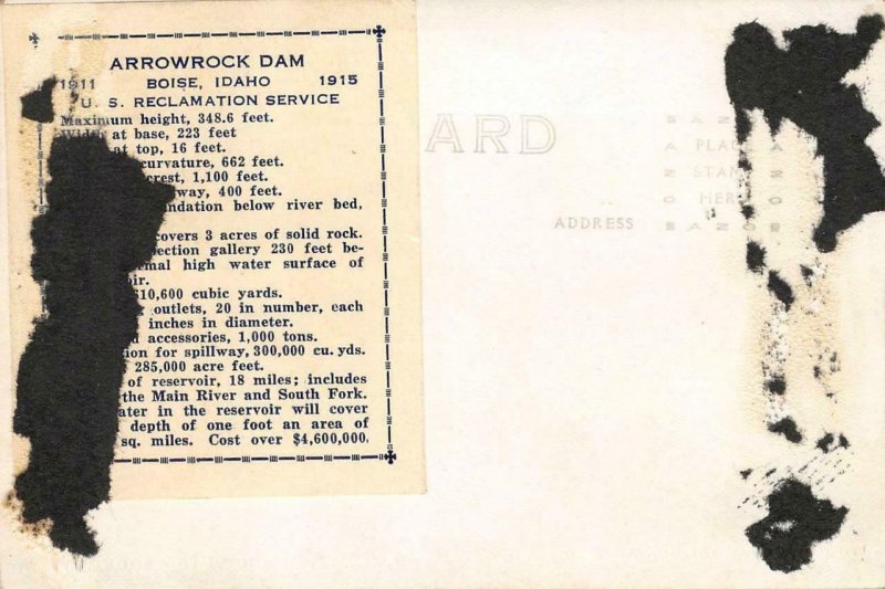 RPPC ARROWROCK DAM Boise, Idaho US Reclamation Service 1915 Vintage Postcard