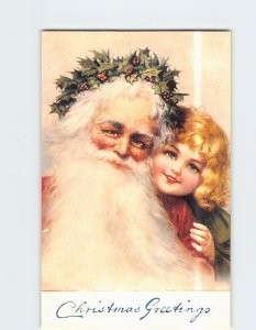 Postcard Christmas Greetings with Santa Girl Mistletoe Christmas Art Print