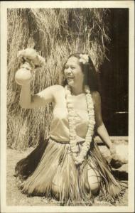 Hawaii HI Woman Doing Dance Grass Hut c1940 Real Photo Postcard