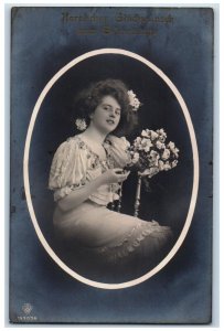 c1910's Birthday Pretty Girl Flowers Russia Latvia RPPC Photo Antique Postcard 