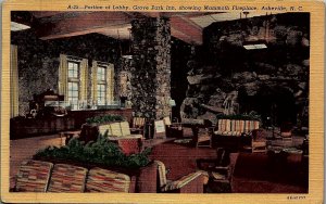 1952 ASHEVILLE NC GROVE PARK INN LOBBY MAMMOTH FIREPLACE LINEN POSTCARD 29-83