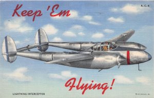 J32/ Patriotic Postcard Linen Keep 'Em Flying! Airplane Bomber Pilot 268