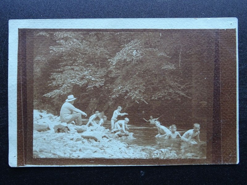 BOYS PLAYING & SWIMMING IN RIVER Unknown Location - Old RP Postcard