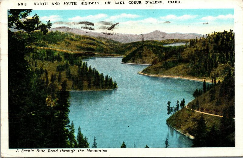 Vtg 1940s Highway through the Mountains Lake Coeur d'Alene Idaho ID Postcard