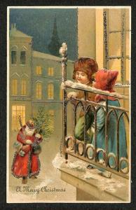 Merry Christmas Tree Red Robed Santa Claus Children 4192 Postcard