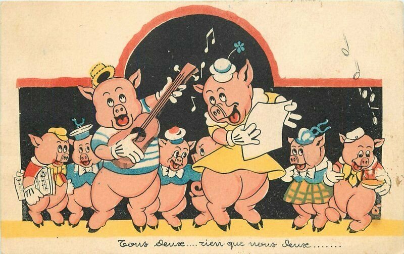 Anthropomorphic Dressed Pigs Singing Comic Humor 1930s Postcard 20-14230