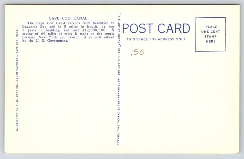 Massachusetts~Bourne Bridge~Cape Cod Canal~Steamer Ship~Linen 1940s Postcard