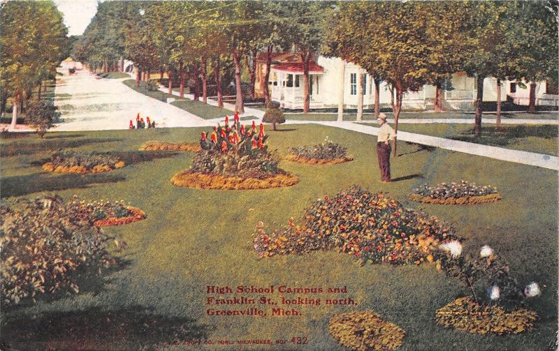 Greenville Michigan~High School Campus & Franklin Street~Man by Gardens~c1910 Pc