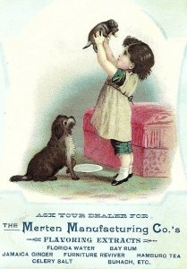 1880's Adorable Girl Puppy Dog Merten Flavoring Extract Victorian Trade Card F40