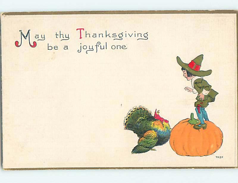 Pre-Linen BOY STANDS ON GIANT HALLOWEEN PUMPKIN BY THANKSGIVING TURKEY HQ7338